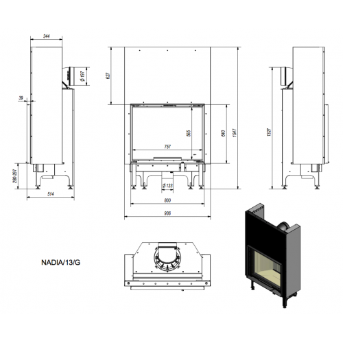 Каминная топка стальная NADIA/13/G (гильотина) (13 кВт) диаметр дымохода: 200 мм