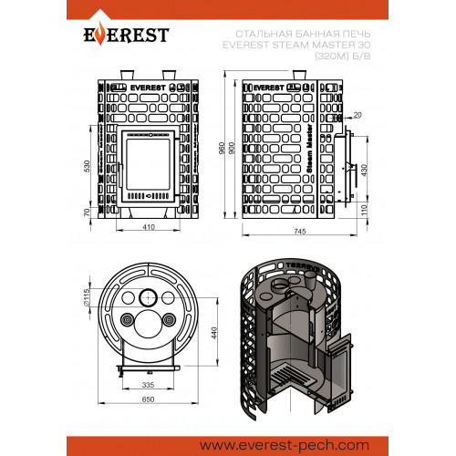 Печь для бани Эверест Steam Master 30 (320М) б/в диаметр дымохода: 115 мм