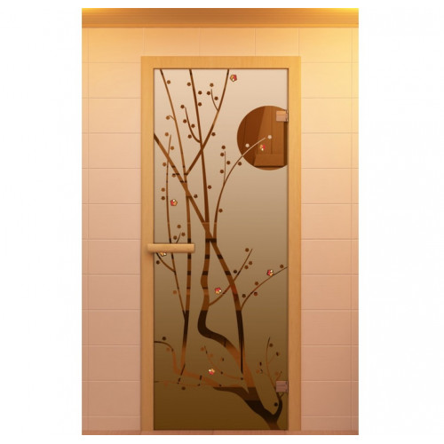 Дверь для сауны, серия "Сакура", с фьюзингом, стекло бронзовое